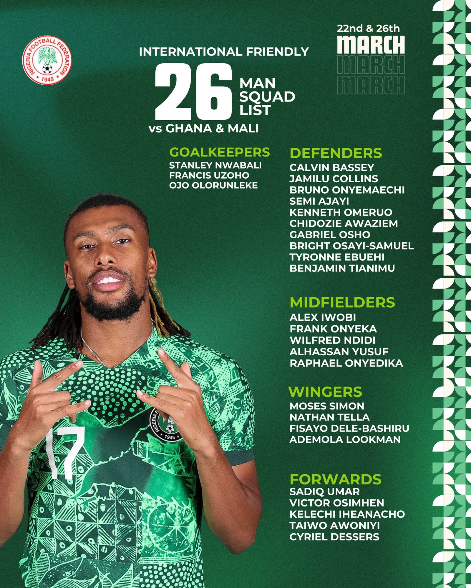 Super Eagles squad for Ghana and Mali Friendlies