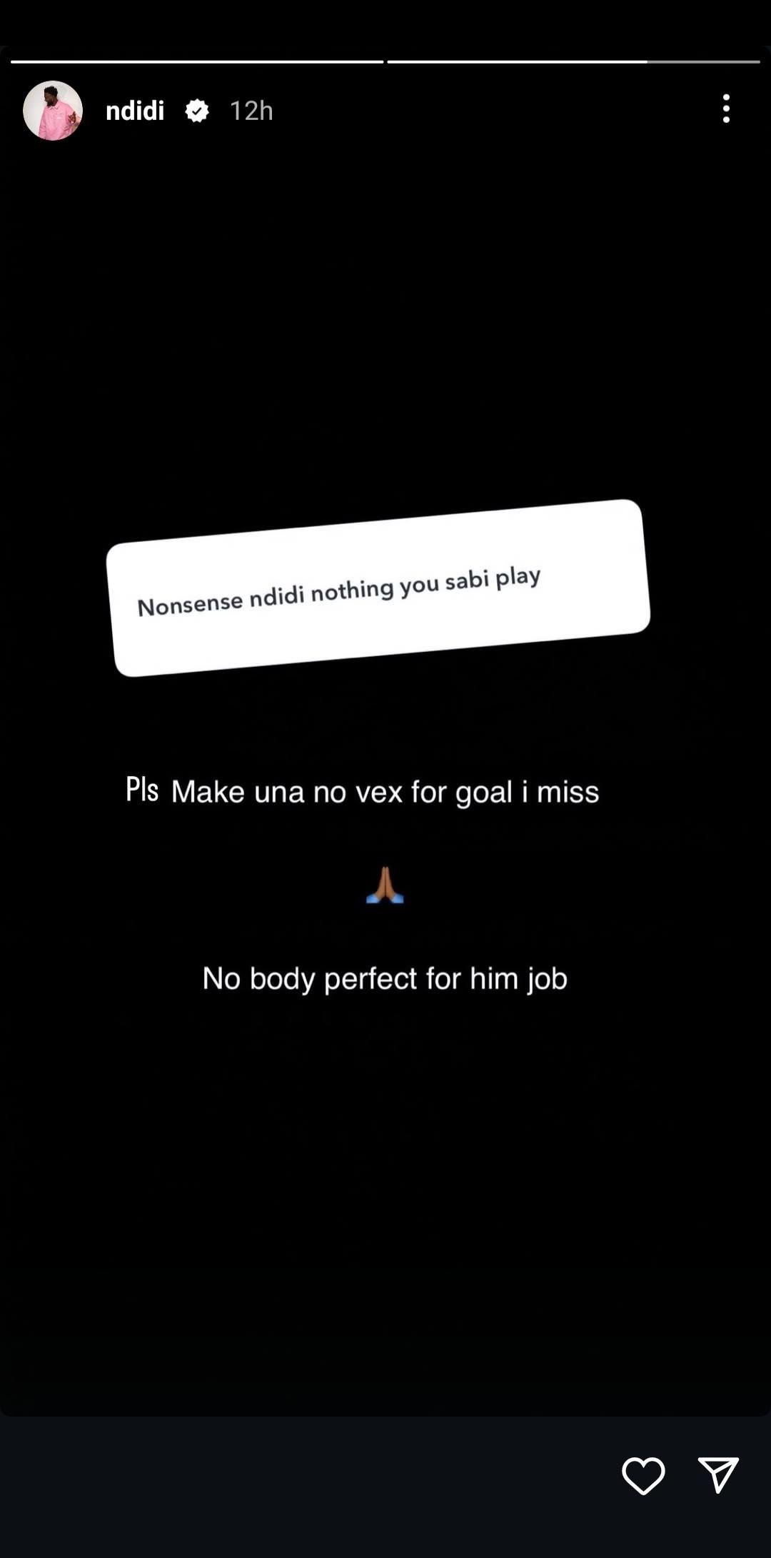 Super Eagles midfielder Wilfred Ndidi has apologized to Nigerian fans after missing a crucial chance in Nigeria’s 1-1 draw against Zimbabwe.