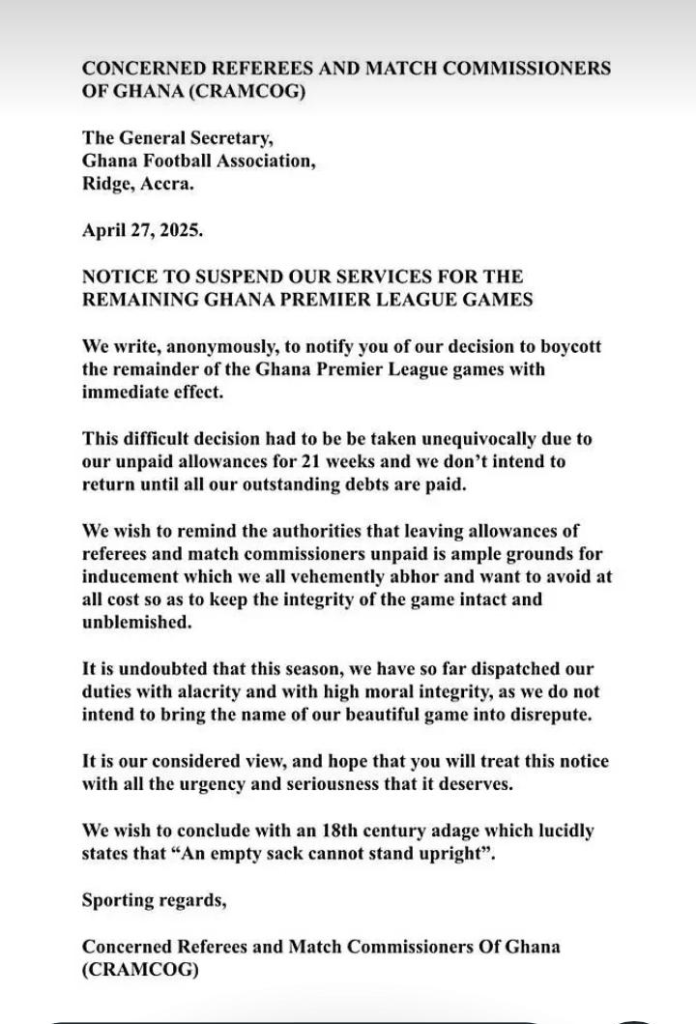 Ghana's referees and match commissioners suspend their participation in the 2024/2025 Premier League season due to a 21-week delay by GFA