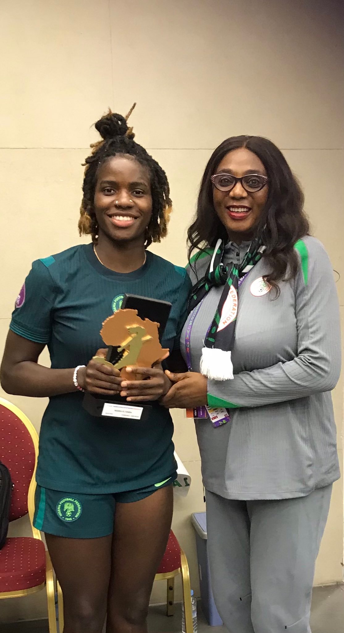 Esther Okoronkwo reacts after being named Woman of the Match in Nigeria’s 3-0 win over Tunisia in their WAFCON 2024 opener