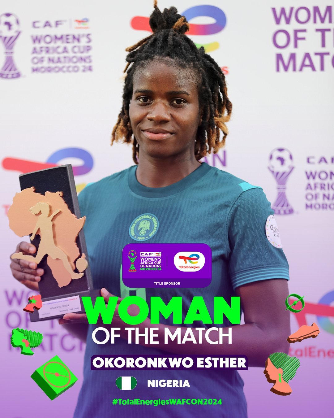 Esther Okoronkwo reacts after being named Woman of the Match in Nigeria’s 3-0 win over Tunisia in their WAFCON 2024 opener