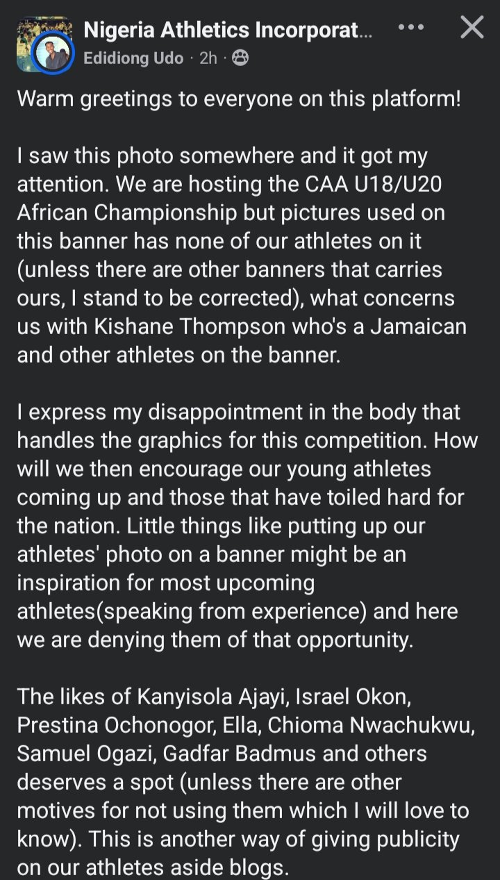 Nigerian sprinter Edidiong Udo slams organisers for excluding home athletes from 2024 African U18/U20 banner despite Nigeria hosting.