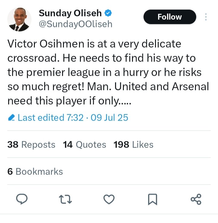 Former Super Eagles boss Sunday Oliseh warns Victor Osimhen against rejoining Galatasaray, urging the striker to move to the Premier League.