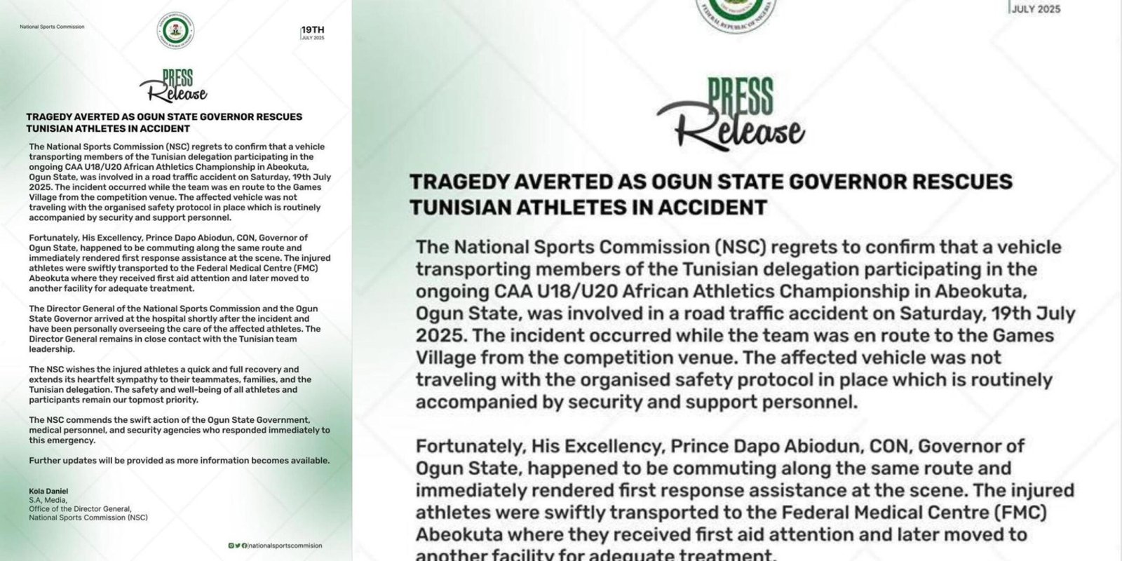 Tunisian athletes injured in a road accident during the CAA U18/U20 Championship in Abeokuta as Ogun State steps in with emergency response.