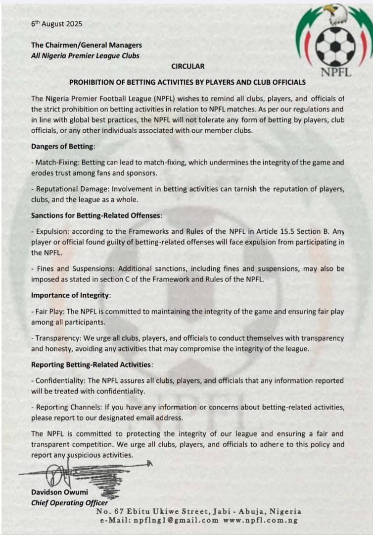 NPFL issues a new betting directive to clubs, players, and officials as preparations for the 2025/26 season continue.