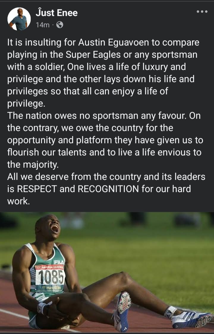 Enefiok Udo-Obong has criticised Austin Eguavoen for comparing Super Eagles players with soldiers, calling the remark insulting.