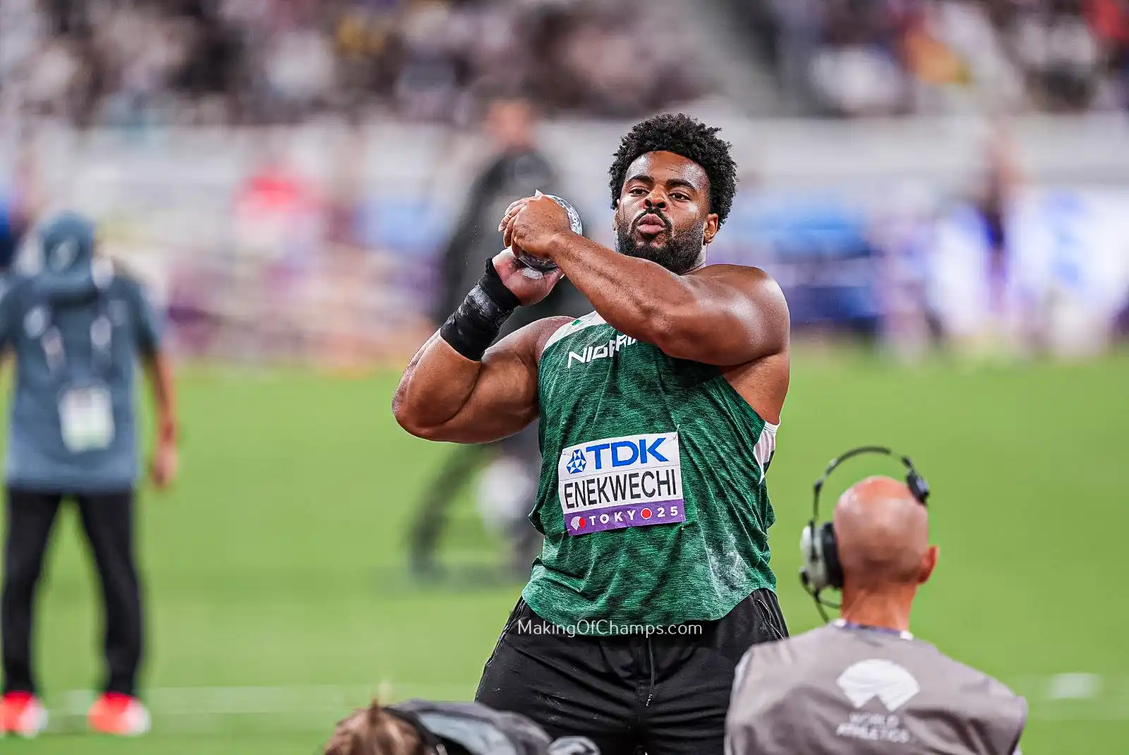 Chukwuebuka Enekwechi kept Nigeria’s medal hopes alive, but 3 teammates saw their campaigns end on a tough day at the World Championships.