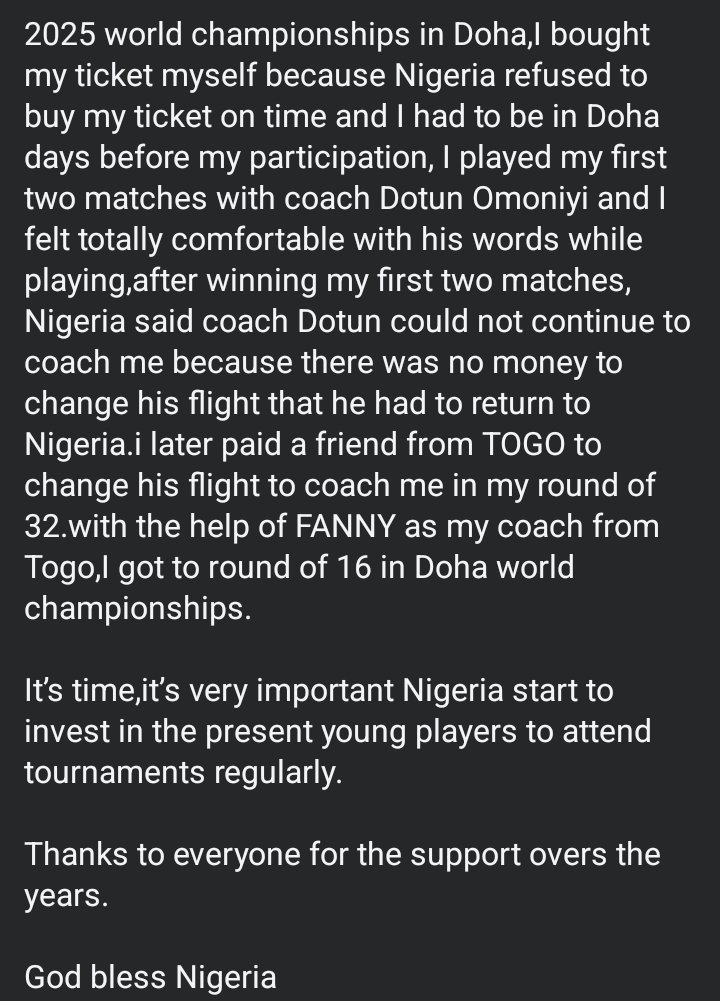 Aruna Quadri, Nigeria's top ranked table tennis player, has accused Nigeria of years of neglect despite his record-breaking career.