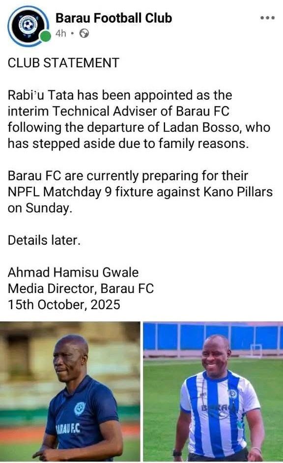 Confusion deepens in Barau FC as the club denies its own statement about the resignation of Ladan Bosso, sparking criticism.