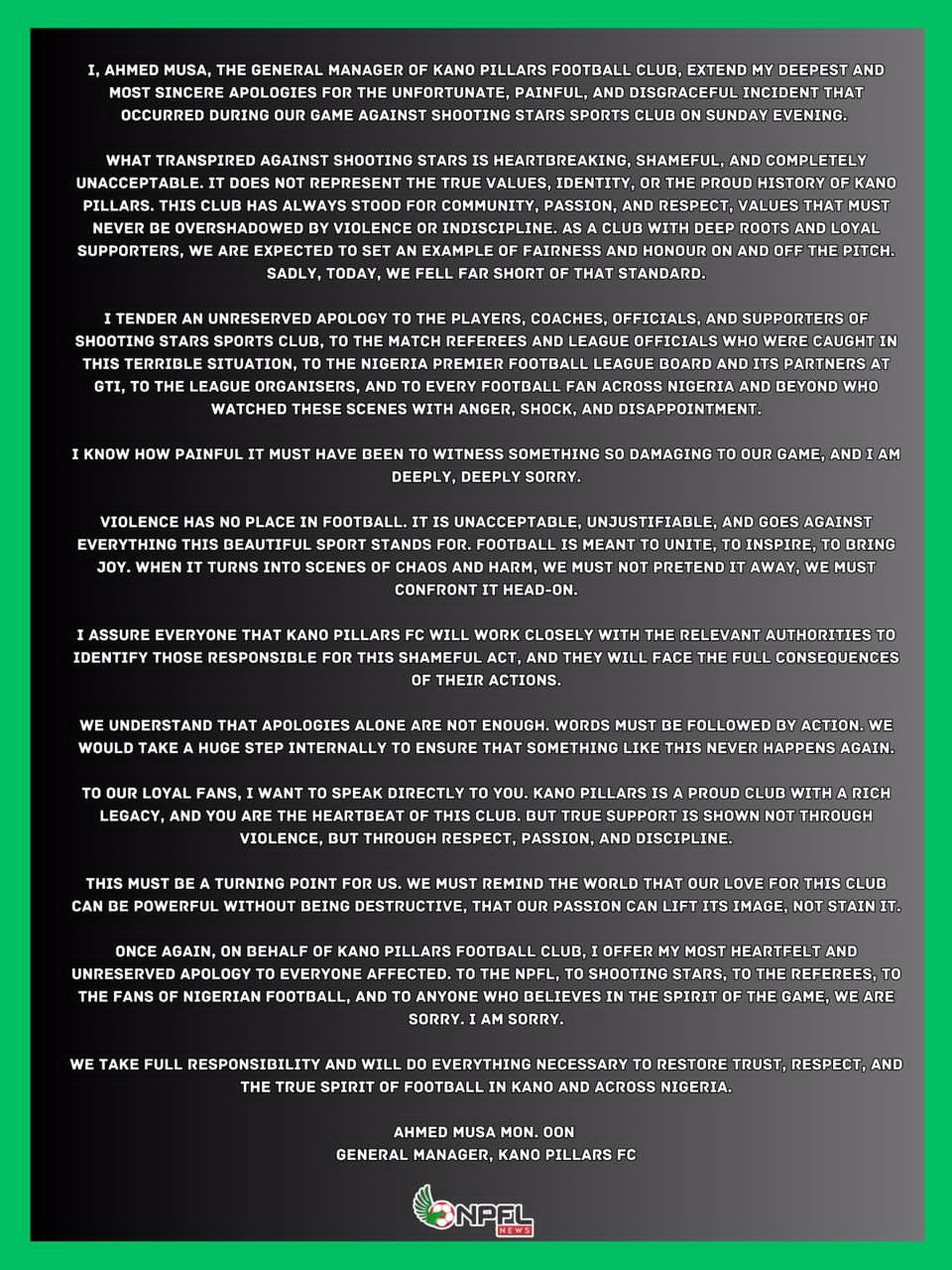 Kano Pillars GM Ahmed Musa issues emotional apology after fan violence against 3SC, promising accountability and action.