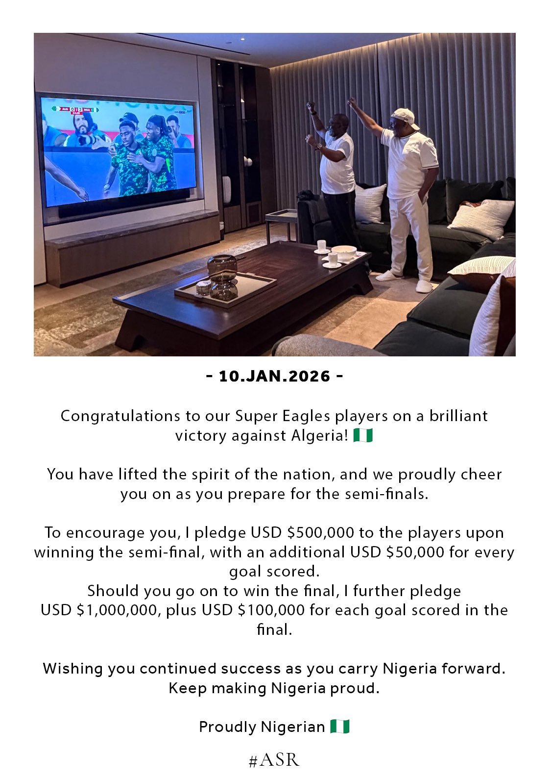 BUA Group chairman Abdul Samad Rabiu has pledged a huge bonus for the Super Eagles if they win their AFCON semi-final.
