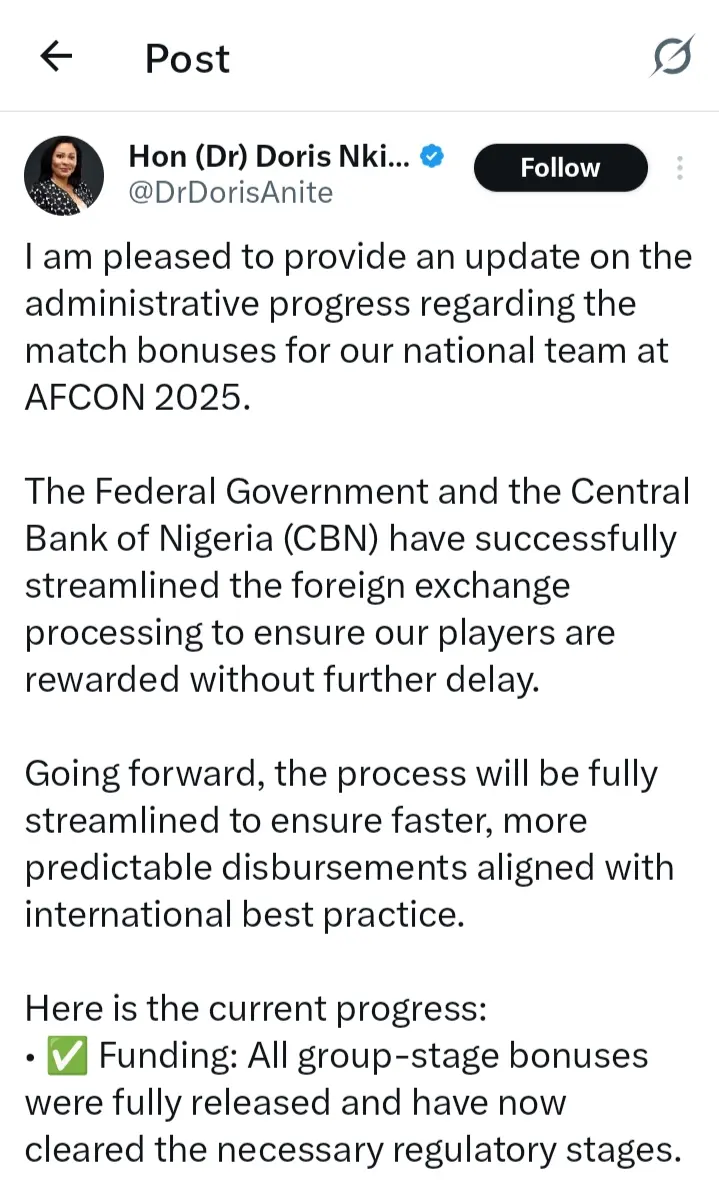Nigeria’s Finance Minister of State, Dr Doris Nkiruka Uzoka-Anite, says Super Eagles AFCON 2025 bonus payments are now “in flight”