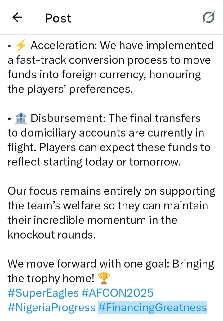 Nigeria’s Finance Minister of State, Dr Doris Nkiruka Uzoka-Anite, says Super Eagles AFCON 2025 bonus payments are now “in flight”