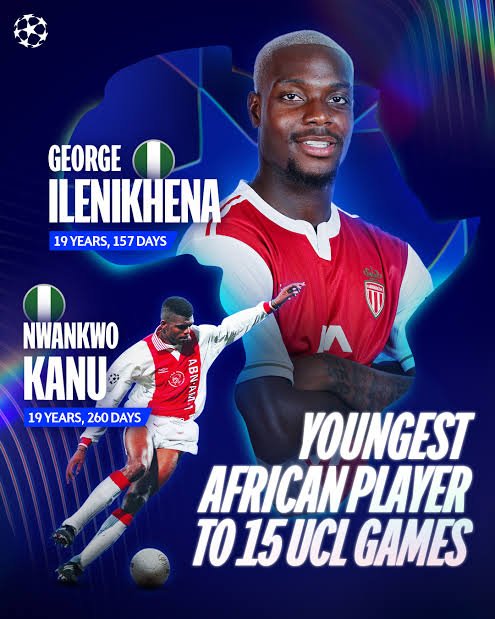Monaco teenager George Ilenikhena broke Kanu Nwankwo’s long-standing Champions League record on Tuesday night in Madrid.