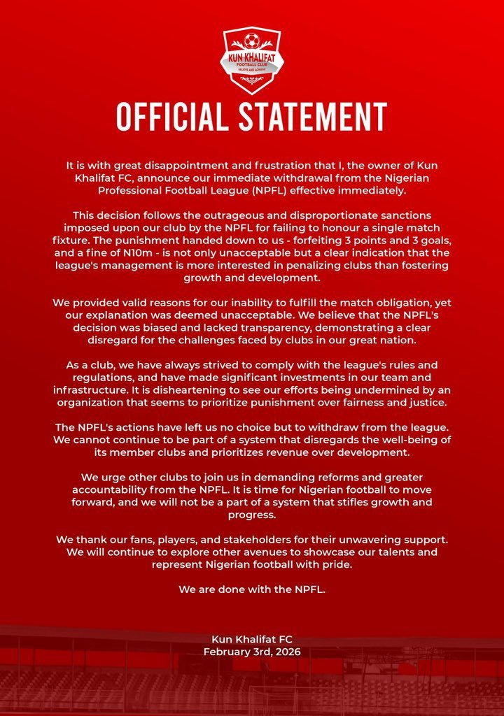 Kun Khalifat FC have withdrawn from the NPFL after being sanctioned for failing to honour a league fixture, accusing the league of bias.