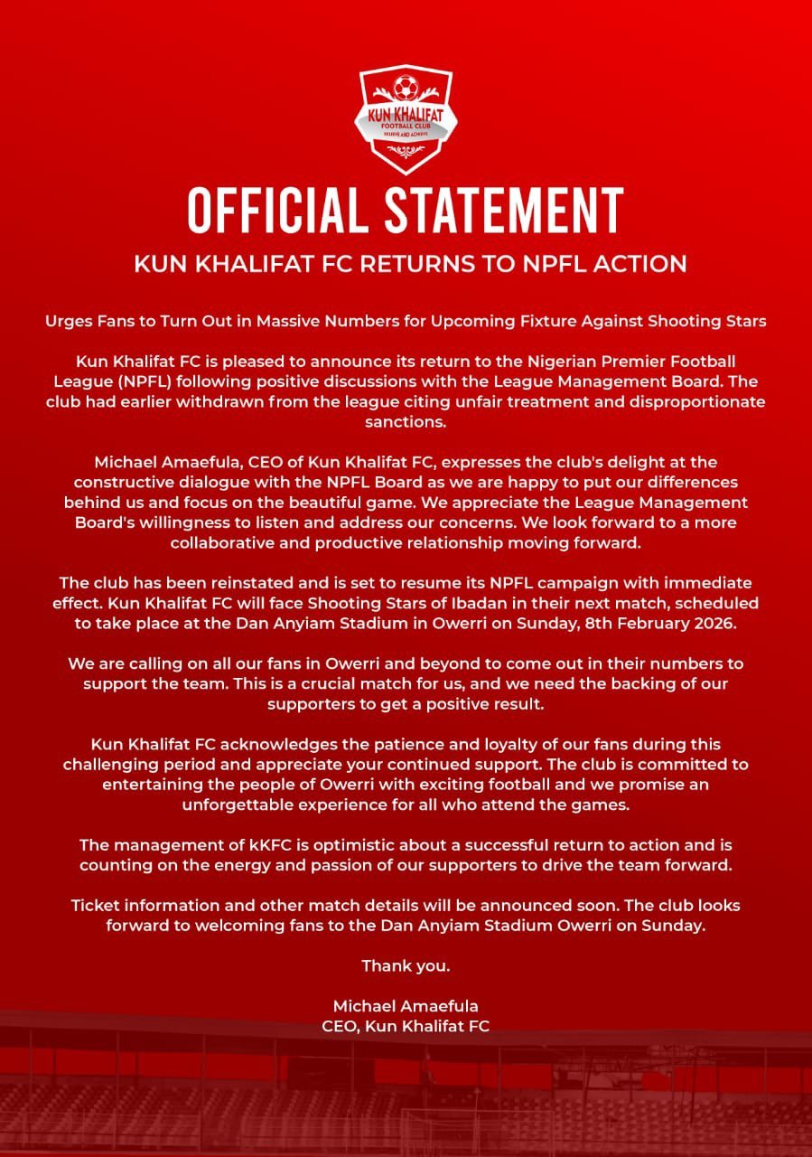 Kun Khalifat FC have returned to the NPFL after talks with league officials, less than 24 hours after withdrawing over sanctions.