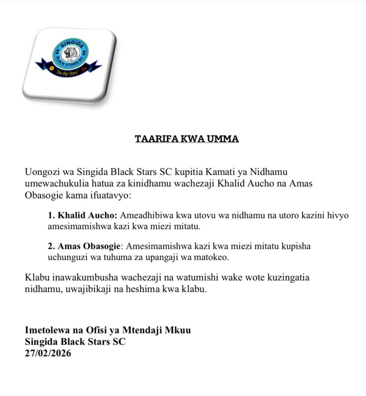 Amas Obasogie has been suspended by Singida Black Stars following match-fixing allegations, a move that comes after a dramatic late equaliser