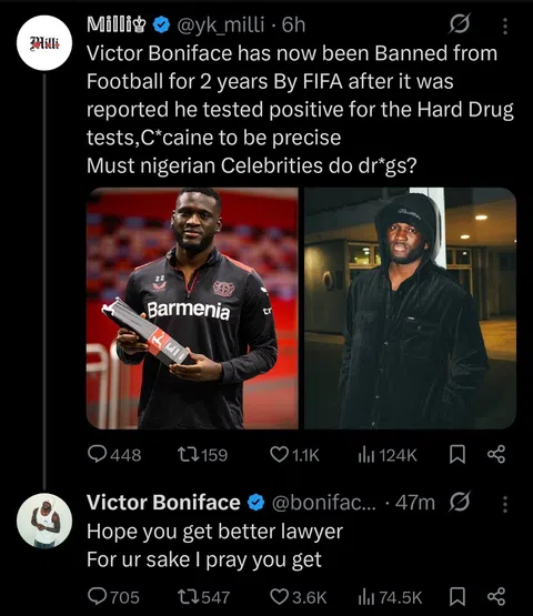 Super Eagles striker Victor Boniface moves to quash a viral social media doping claim and threatens legal action over the allegation.