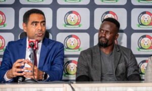 Suspended FKF President Hussein Mohammed and his Deputy Macdonald Mariga during a briefing on April 21, 2026, in Nairobi