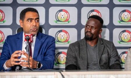 Suspended FKF President Hussein Mohammed and his Deputy Macdonald Mariga during a briefing on April 21, 2026, in Nairobi