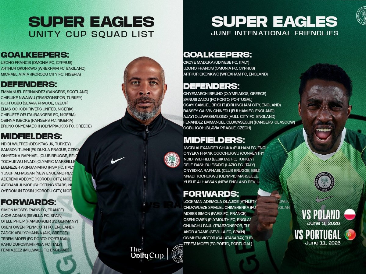 Stanley Nwabali, Kelechi Iheanacho, Ola Aina and several notable stars were left out of Eric Chelle’s Super Eagles squad for the Unity Cup and June friendlies against Portugal and Poland.
