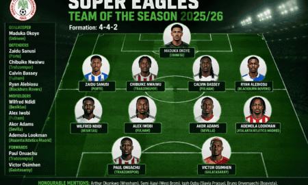 Victor Osimhen, Paul Onuachu and Ademola Lookman headline PUNCH Sports Extra’s 2025/26 Super Eagles Team of the Season, celebrating standout Nigerian performances across Europe in a 4-4-2 formation.