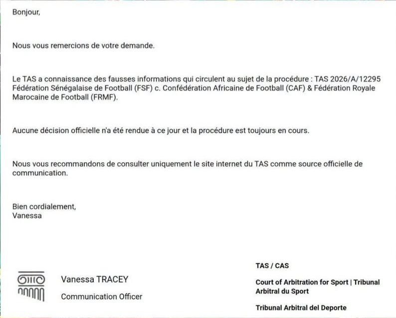 The Court of Arbitration for Sport has denied reports claiming it has ruled in Senegal's favour over the disputed 2025 AFCON final, confirming the case remains ongoing.