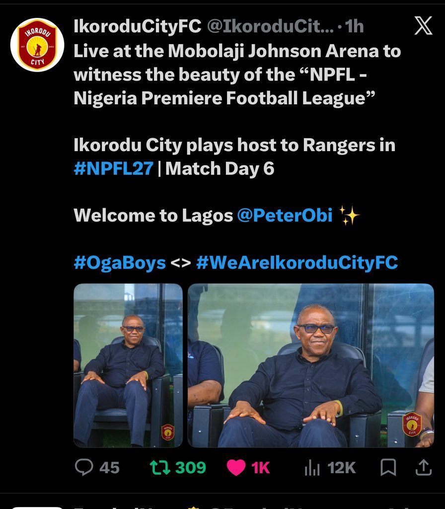 Peter Obi watched Ikorodu City beat Enugu Rangers in Lagos, but a deleted club post welcoming him triggered a social-media debate and an explanation from an Ikorodu City director.