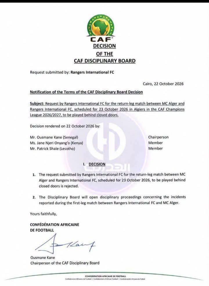 Rangers must face MC Alger in front of supporters in Friday’s CAF Champions League return leg after CAF rejected their closed-door request, but disciplinary proceedings over first-leg incidents are still to come.